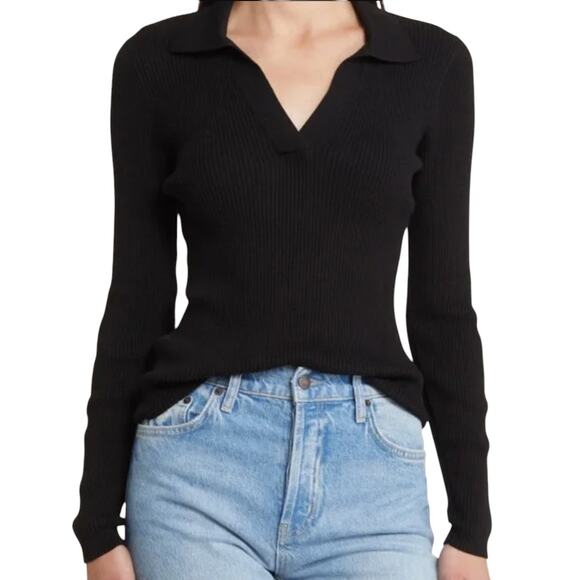 Frame Black Ribbed Merino Wool Long Sleeve Polo Top - Picture 1 of 9
